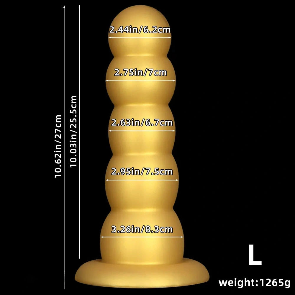 7.08in 9.05in 10.62in Gold Silicone Soft Five-Bead Pull-Bead Butt Plug Dildo