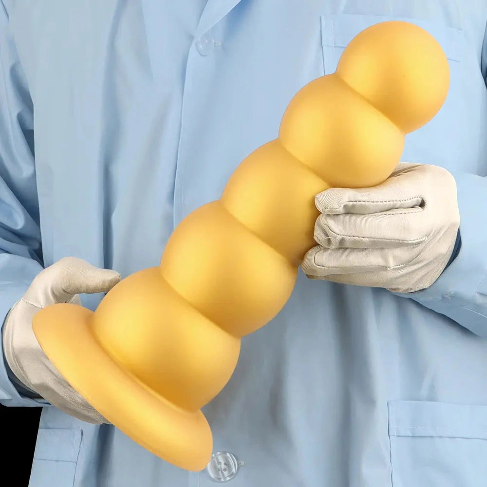 7.08in 9.05in 10.62in Gold Silicone Soft Five-Bead Pull-Bead Butt Plug Dildo