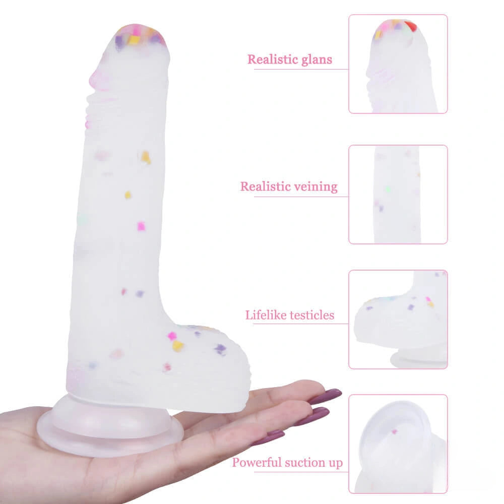 7.09in Soft Jelly Colorful Particles Dildo Penis Stroker Dick Toy