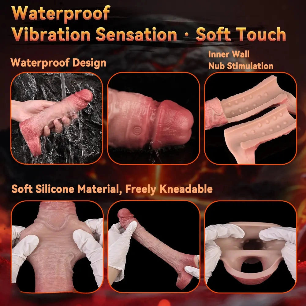7.36in Vibrating Realistic Remote Silicone Hollow Dildo Sleeve Extender