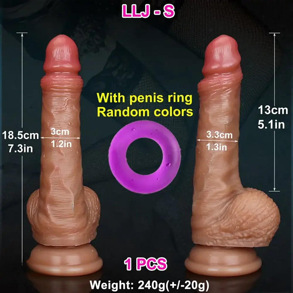 7.3in 8.6in Soft Realistic Adult Brown Cock Double Layer Silicone Dildo