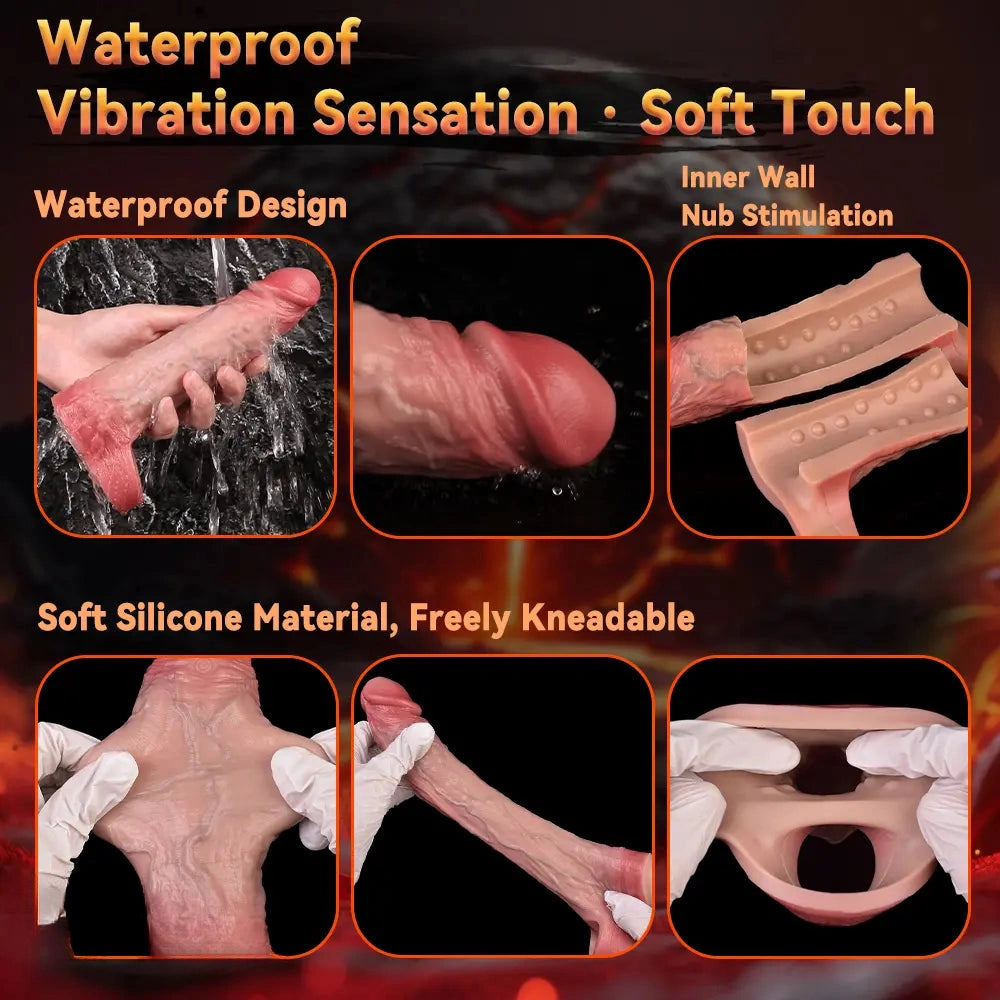 7.48in Vibrating Real Remote Silicone Hollow Dildo Sleeve Cock Extender