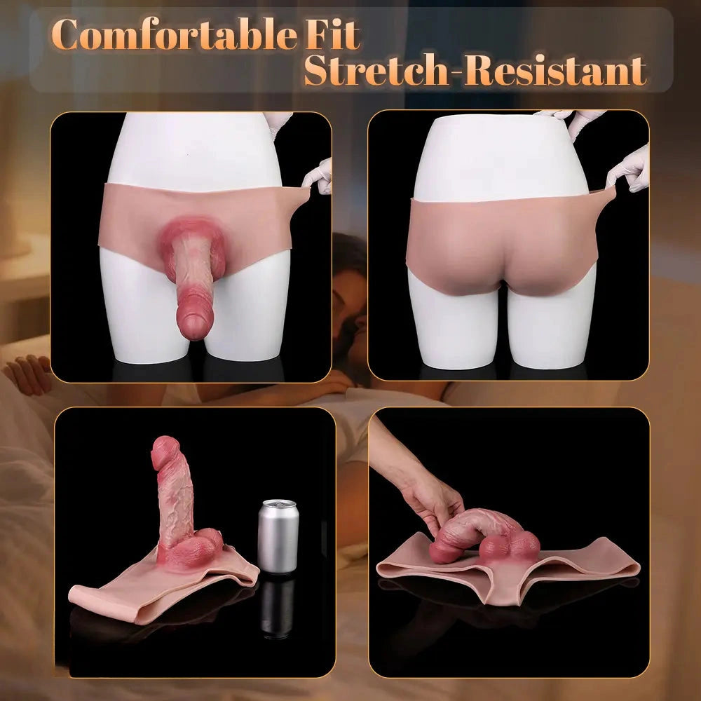 7.55in Wearable Silicone Uncut Dildo Pants Real Skin with Hollow Cock Sleeve