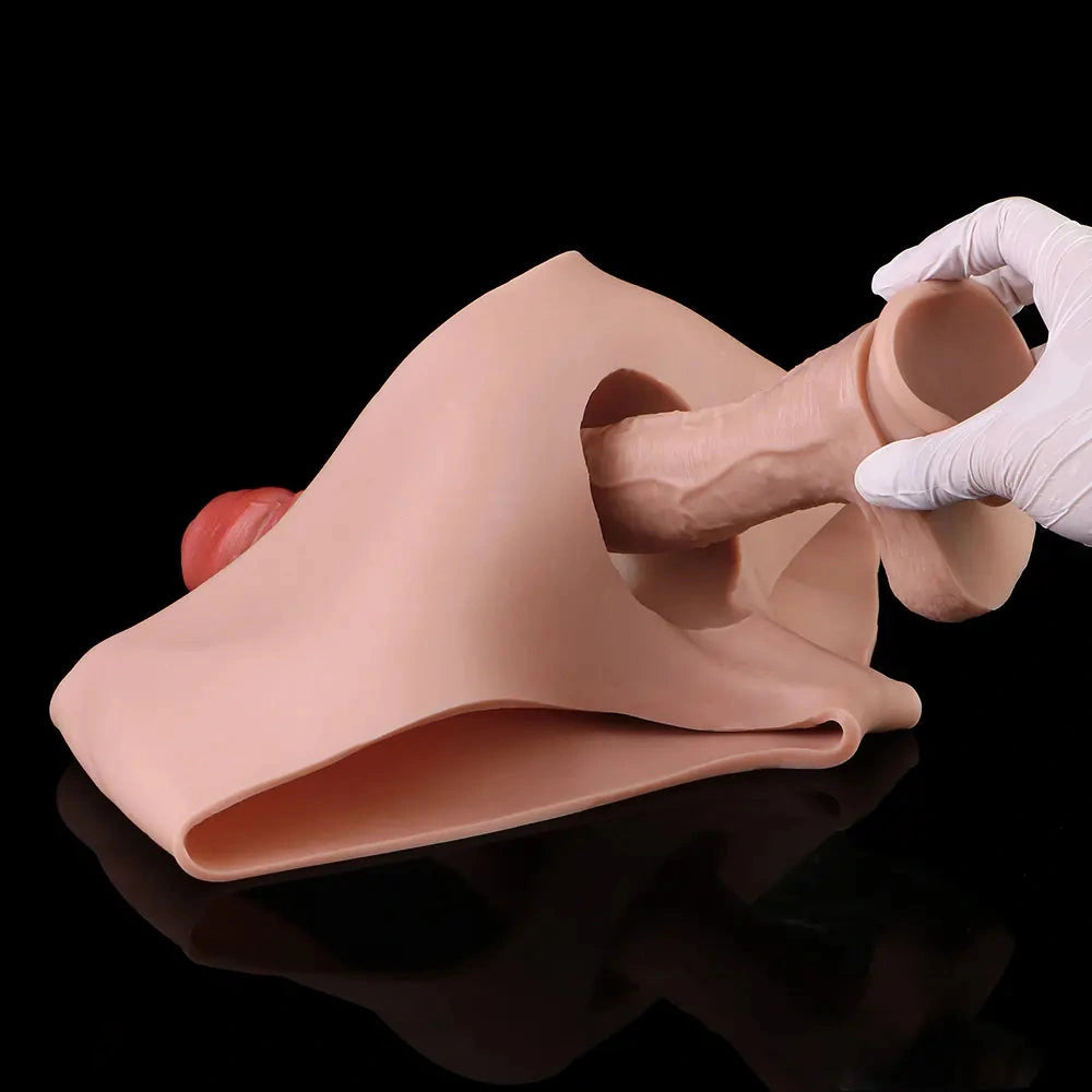 7.55in Wearable Silicone Uncut Dildo Pants Real Skin with Hollow Cock Sleeve