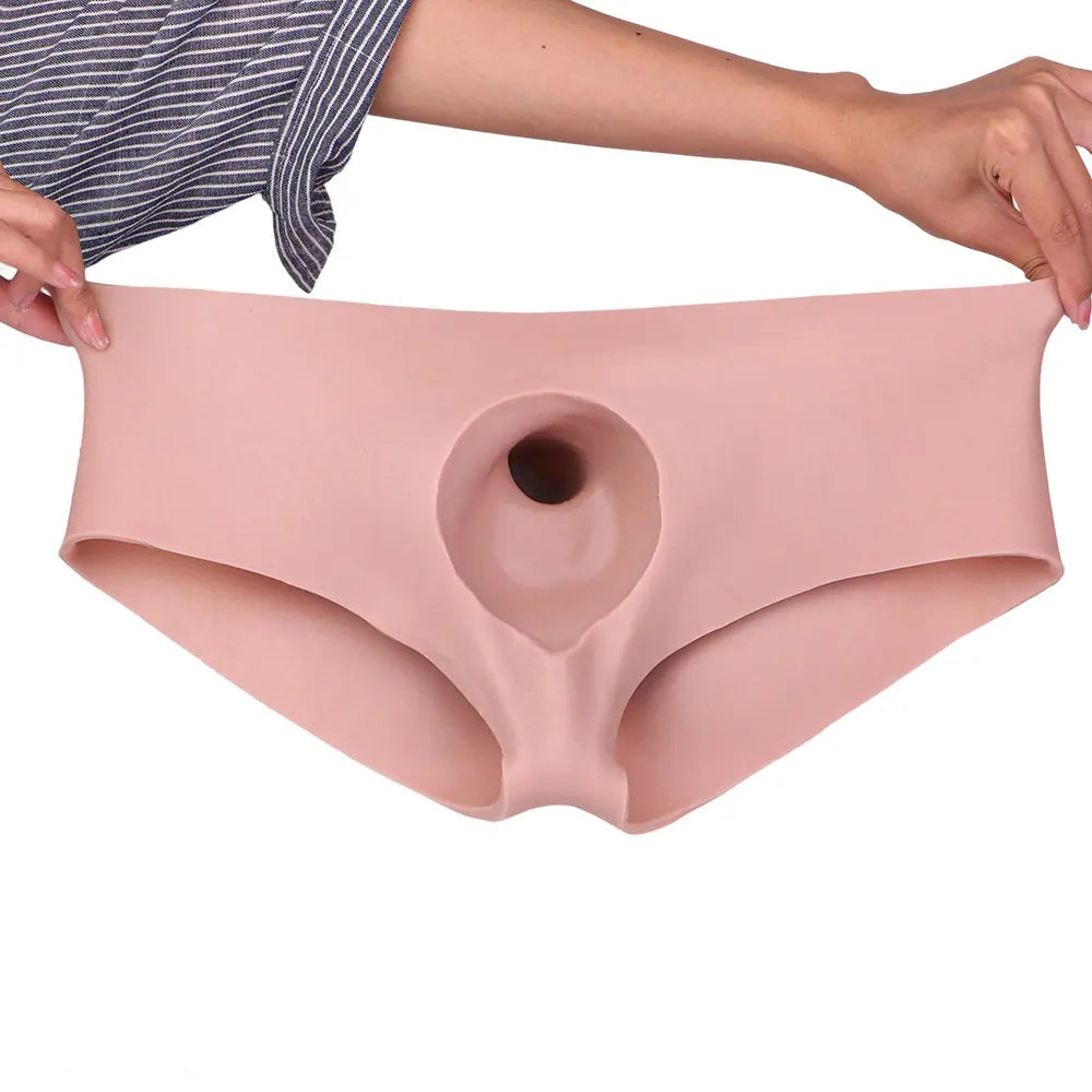 7.55in Wearable Silicone Uncut Dildo Pants Real Skin with Hollow Cock Sleeve