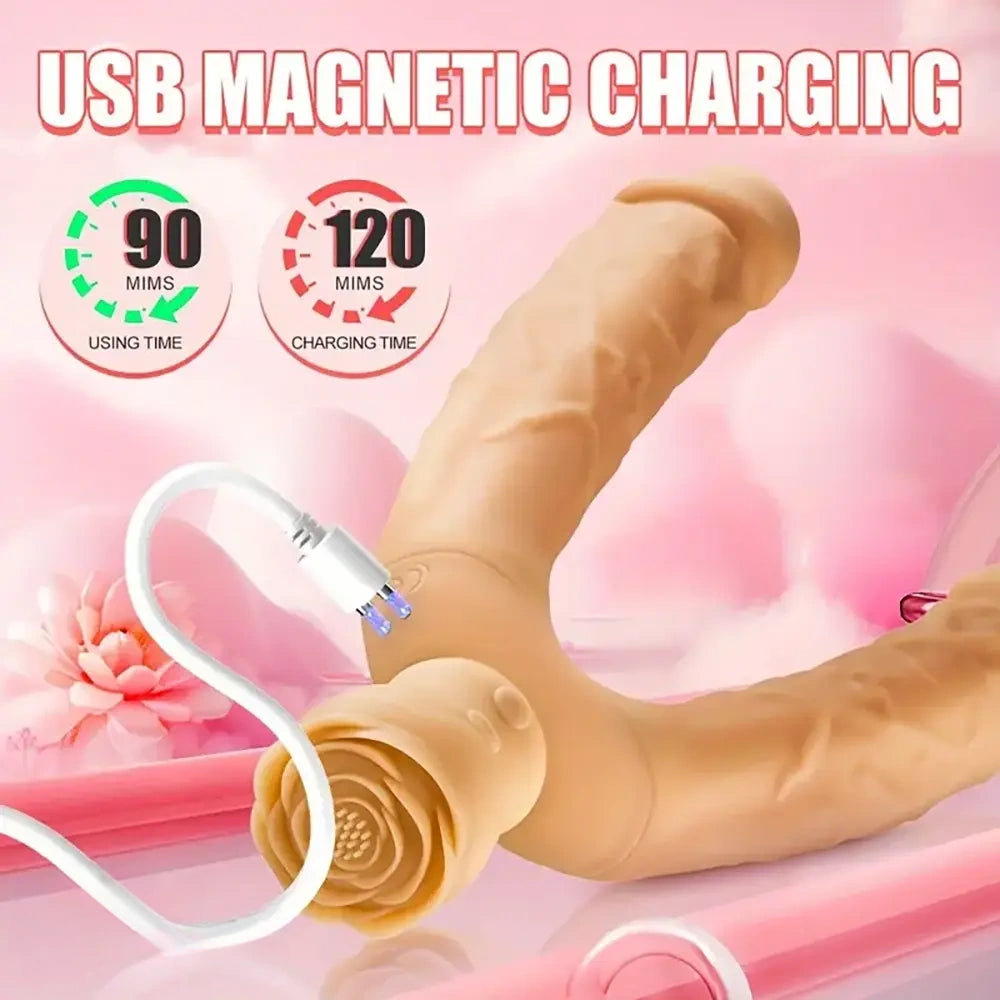 7.63in Double Heads Vibrating Silicone Soft Auto Dildo With Rose Base