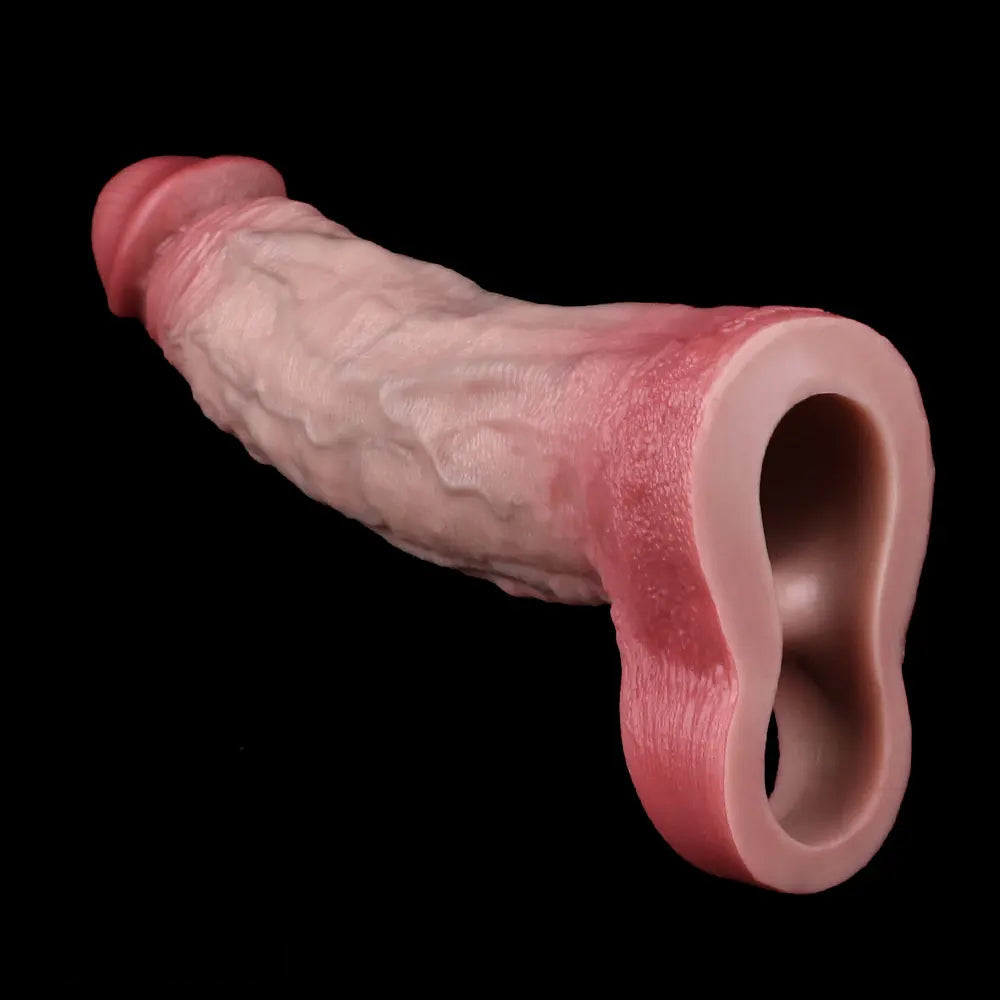 7.72in Real Blue Veins Hollow Dildo Cock Sleeve With Cock Ring For Cock