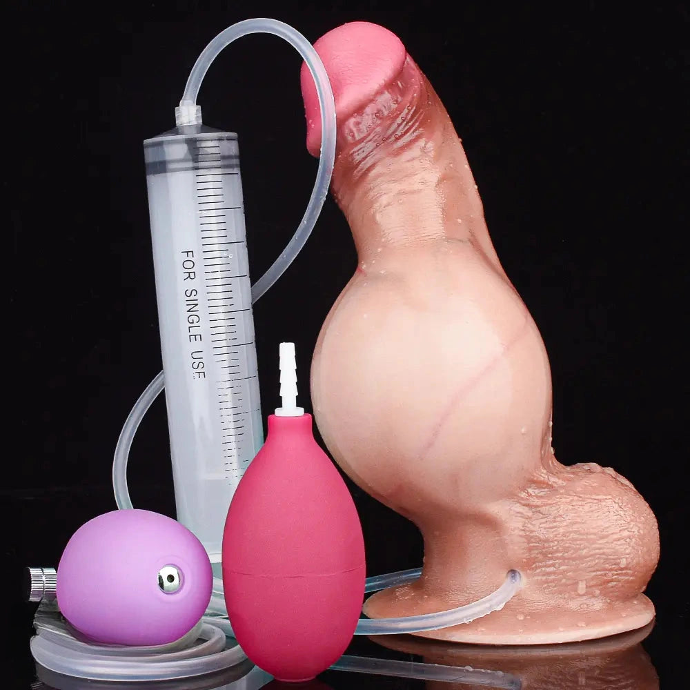 7.87in Inflatable Squirting Soft Silicone Woman Men Dildo With Suction Cup