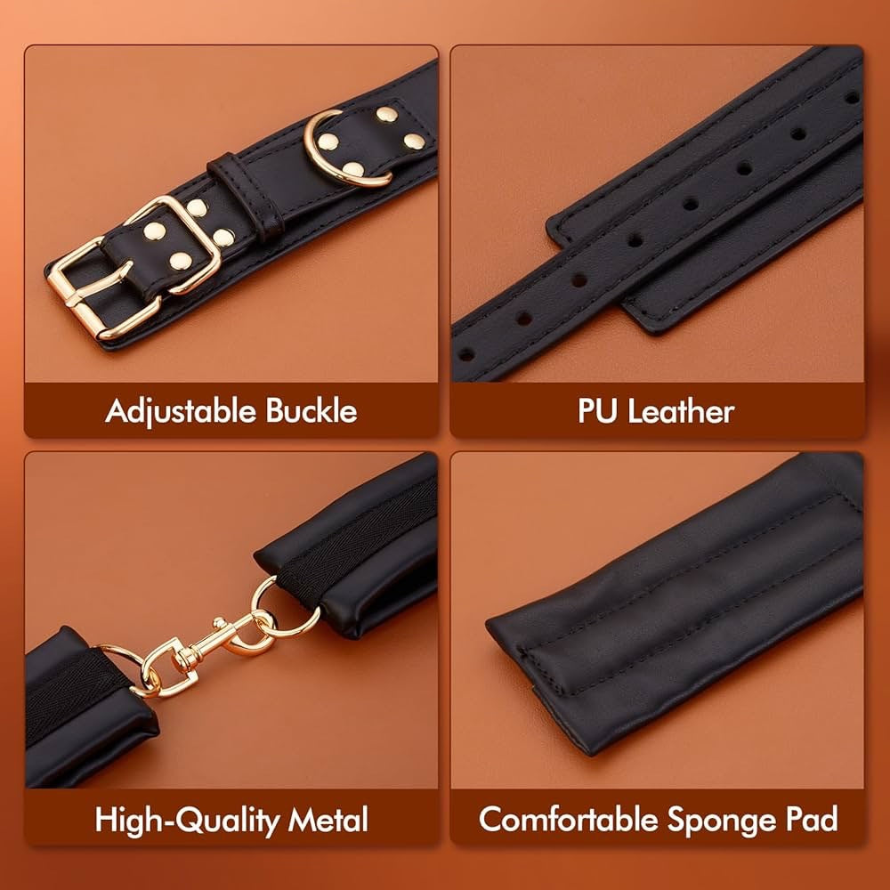 BDSM Kit PU Leather Handcuffs and Legcuffs Gold Chain Bondage DIY SM Sex Toys