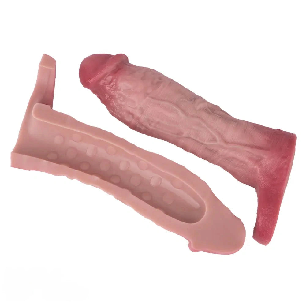 8.03in Realistic Blue Veins Hollow Dildo Cock Sleeve With Soft Cock Ring