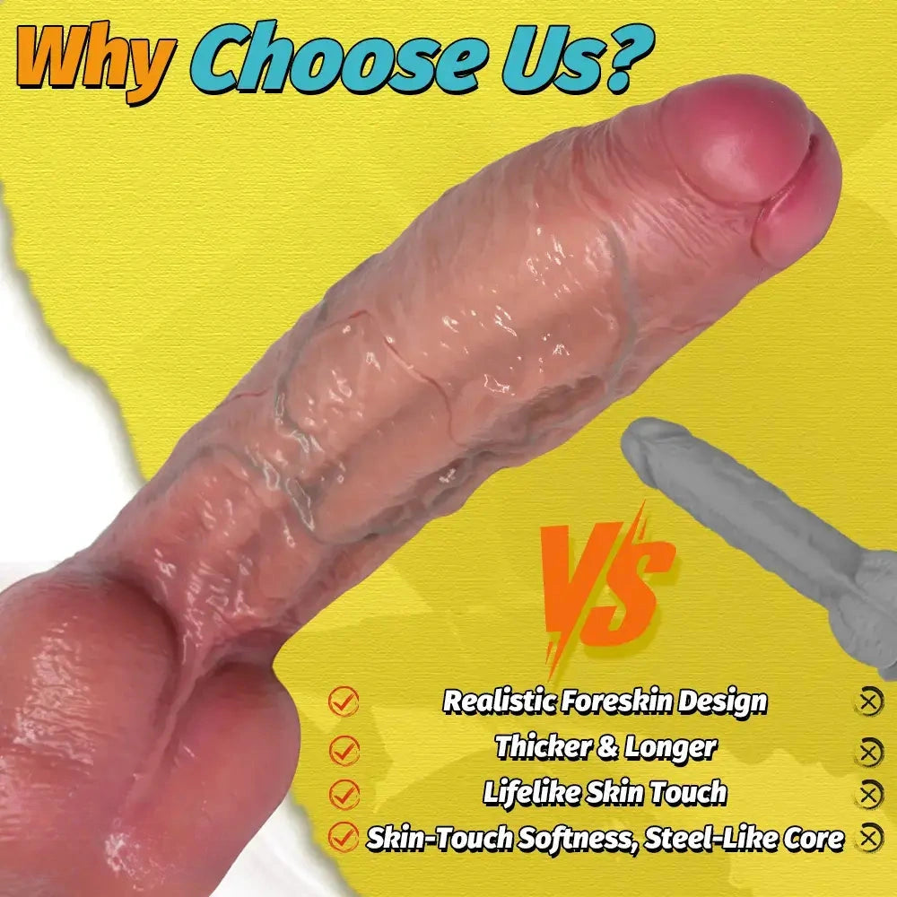 8.07in 9.84in 12in Dual Density Silicone Foreskin Uncut Strap on Dildo