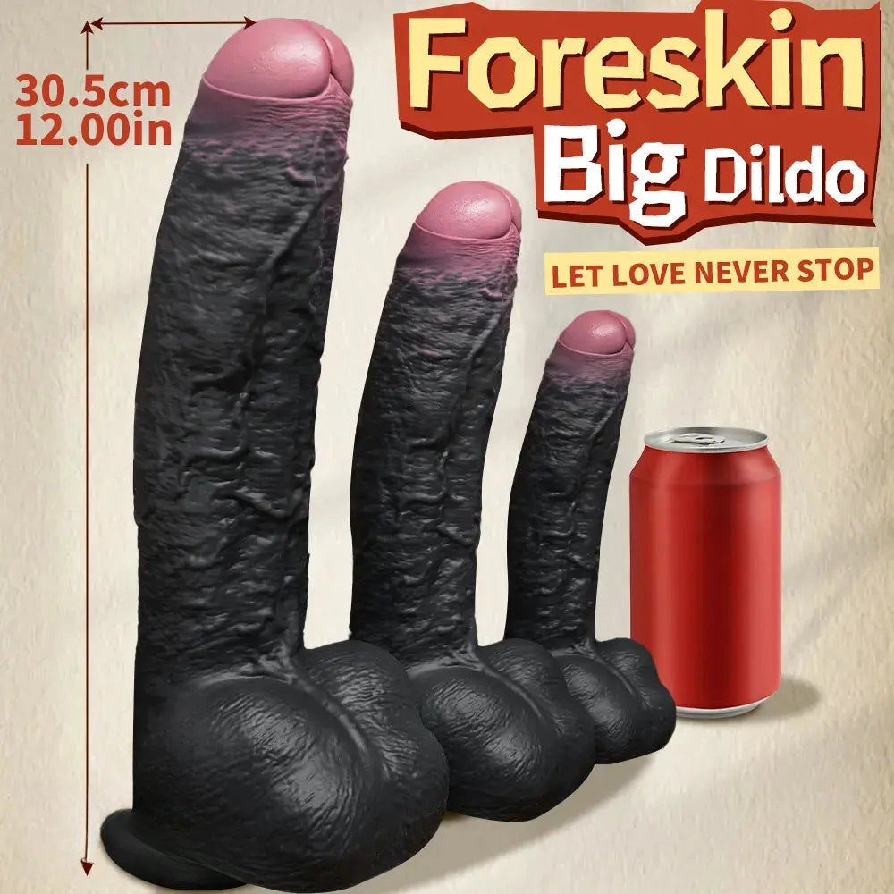 8.07in 9.84in 12in Foreskin Big Dildo Strap on Realistic Uncut Glans Soft Cock