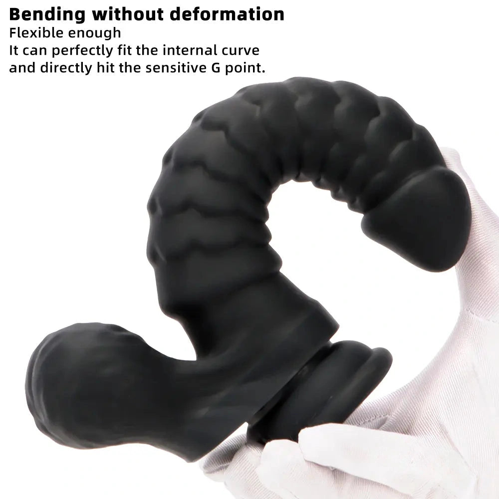 8.07in Big Black Fantasy Double Layer Silicone Soft Scale Caterpillar Dildo