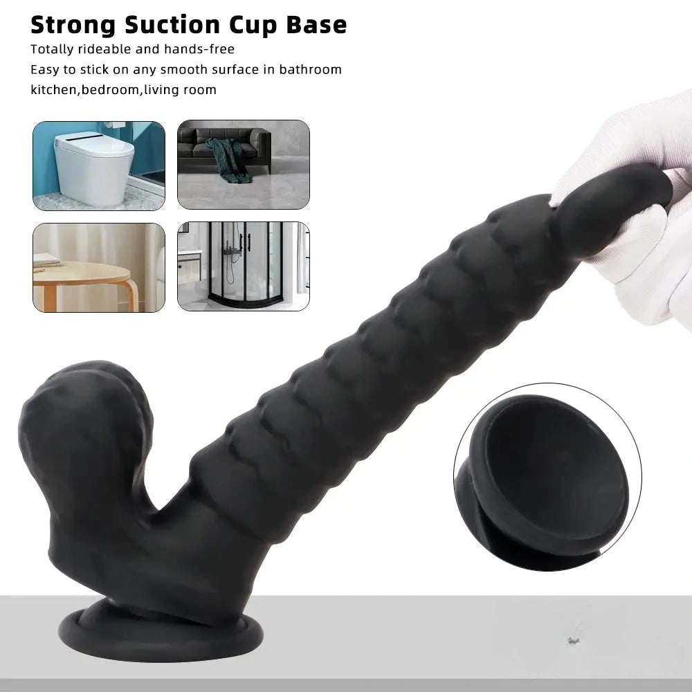 8.07in Big Black Fantasy Double Layer Silicone Soft Scale Caterpillar Dildo