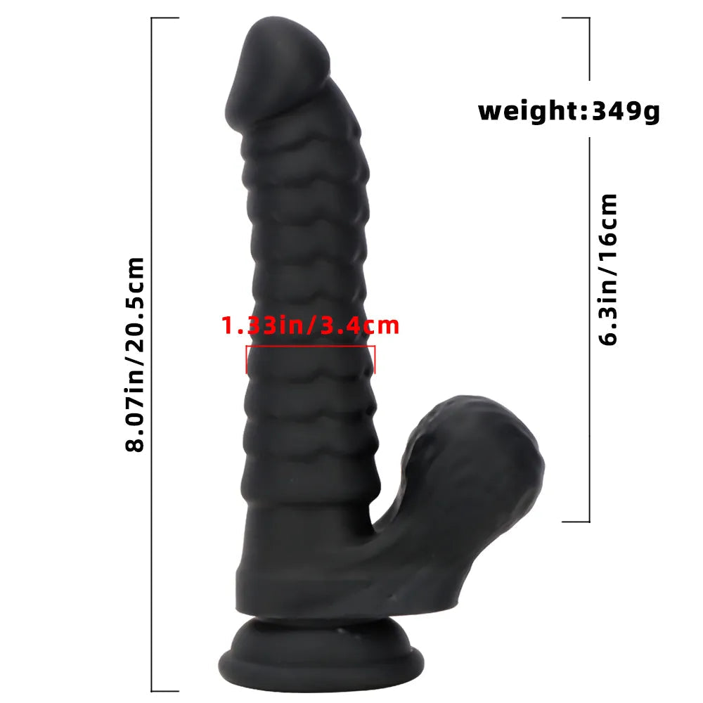 8.07in Big Black Fantasy Double Layer Silicone Soft Scale Caterpillar Dildo
