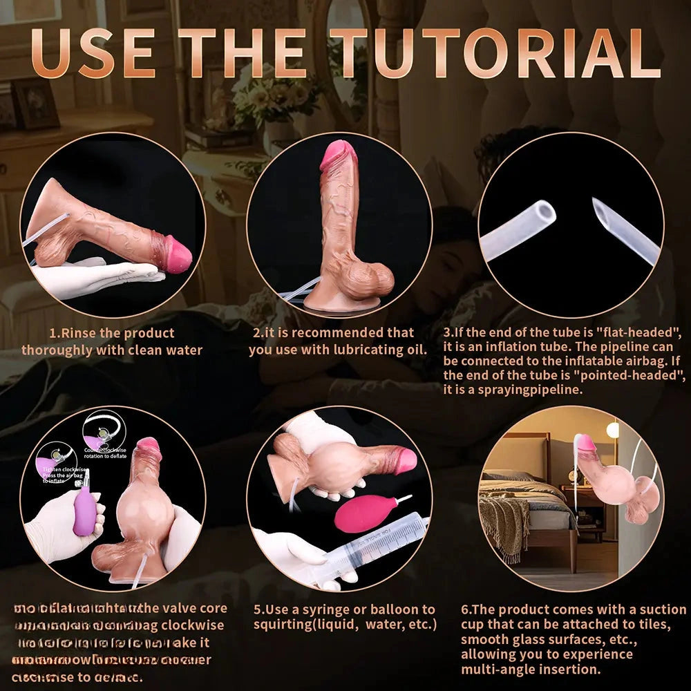 8.22in Inflatable Squirting Soft Silicone Cock Dildo Realistic Penis Sex Toy