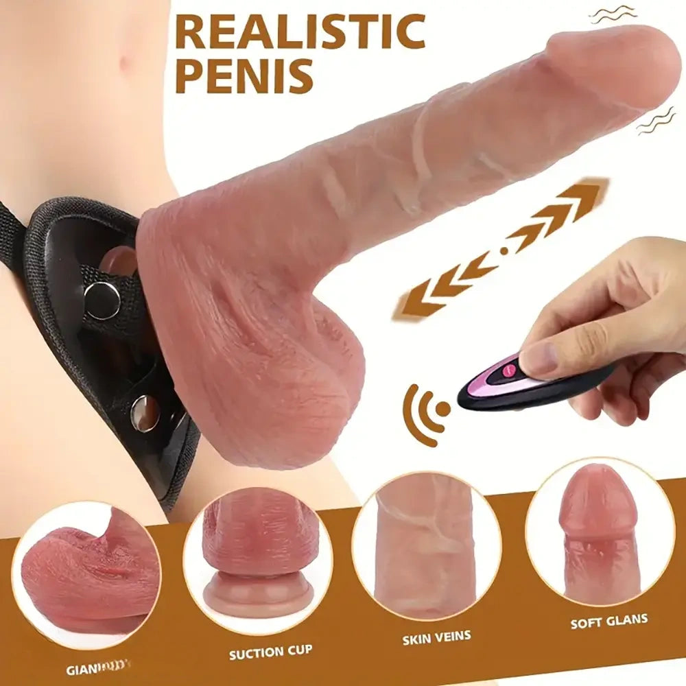 8.26in Wireless Vibrating Thrusting Heating Silicone Big Strap on Dildo