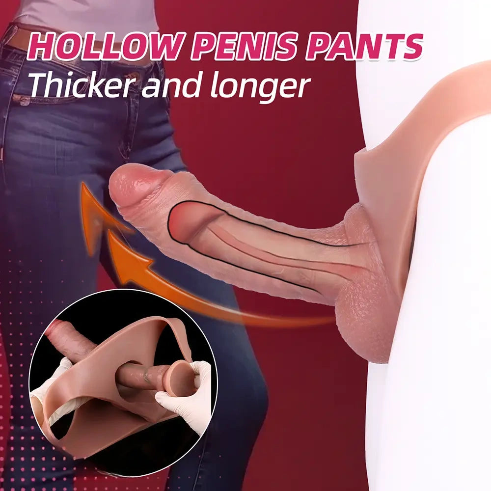 8.27in Wearable Hollow Dildo Pants Silicone Leather Sleeve For Male Cock