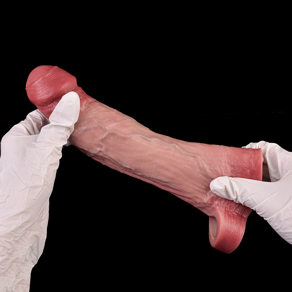 8.46in Vibrating Real Remote Silicone Hollow Dildo Sleeve Uncut Extender
