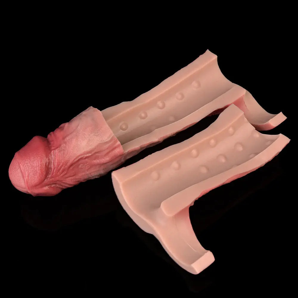 8.46in Vibrating Real Remote Silicone Hollow Dildo Sleeve Uncut Extender