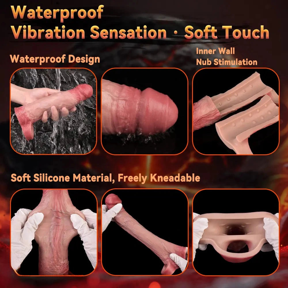 8.46in Vibrating Real Remote Silicone Hollow Dildo Sleeve Uncut Extender
