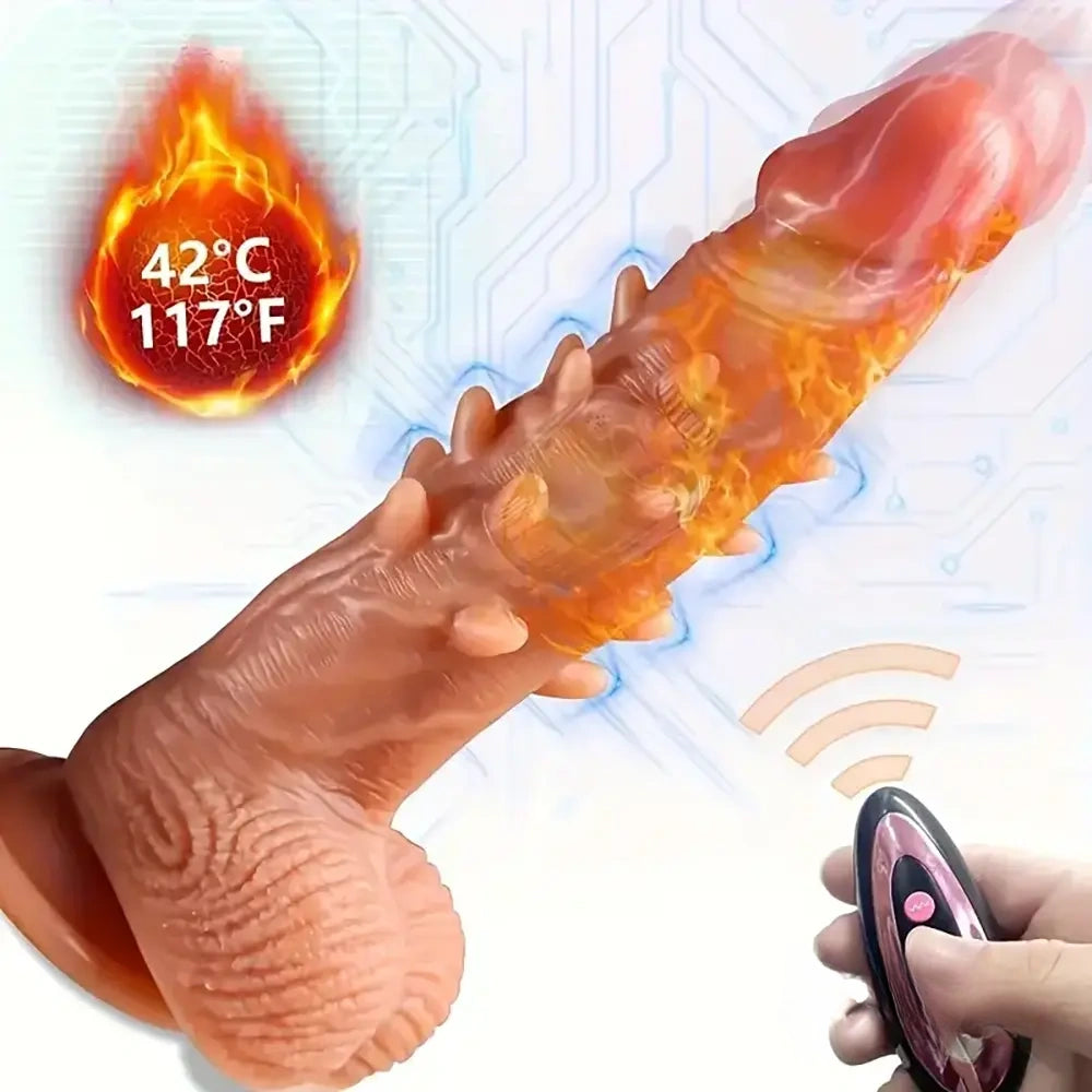 8.66in Large Spiked Vibrating Thrusting Rotation Silicone Soft Heated Dildo