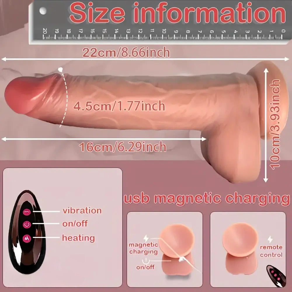 8.66in Realistic Remote Control Soft Silicone Big Vibrating Heating Dildo