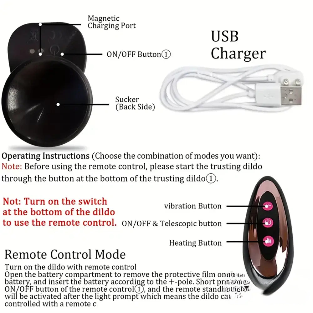 8.6in Soft Big Silicone Thrusting Vibrating Heating Remote Ebony Dildo