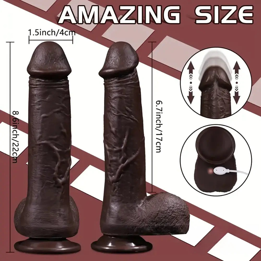 8.6in Soft Big Silicone Thrusting Vibrating Heating Remote Ebony Dildo
