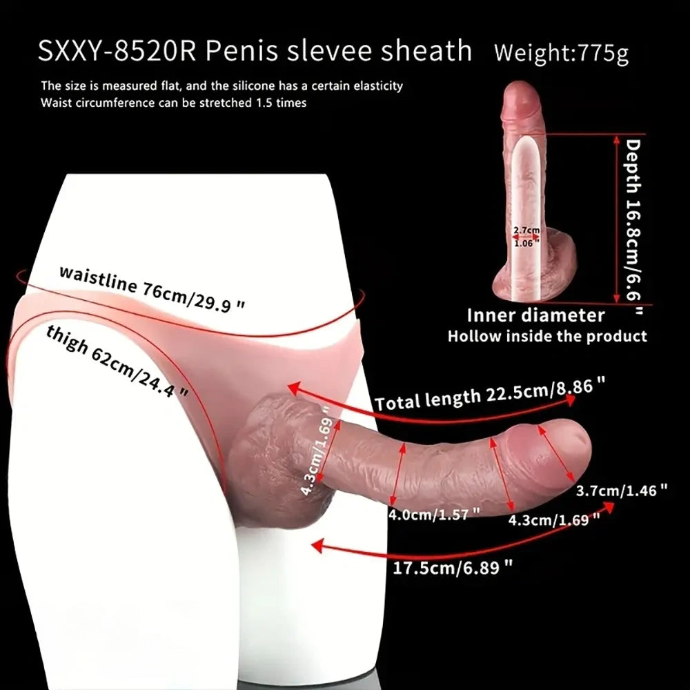 8.78in Unisex Pure Silicone Soft Skin-Friendly Stretchable Hollow Dildo Panty