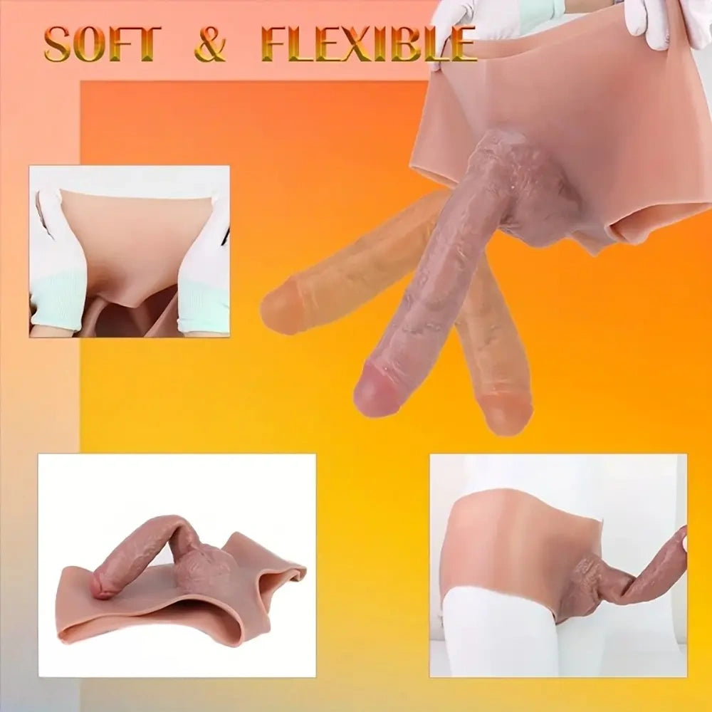 8.78in Unisex Pure Silicone Soft Skin-Friendly Stretchable Hollow Dildo Panty