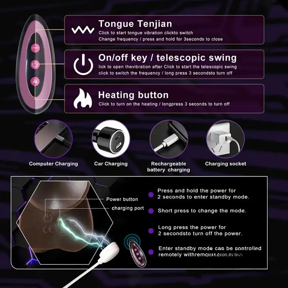 8.7in Ebony 4in1 Heating Thrusting Vibrating Rotation Remote Dildo
