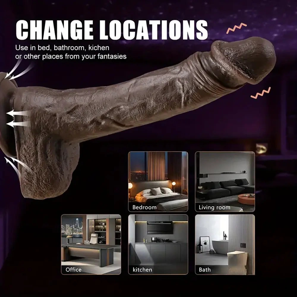 8.7in Ebony 4in1 Heating Thrusting Vibrating Rotation Remote Dildo