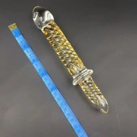 8.7in Golden Pattern Glass Dildo With Handle Sex Toy For Couples