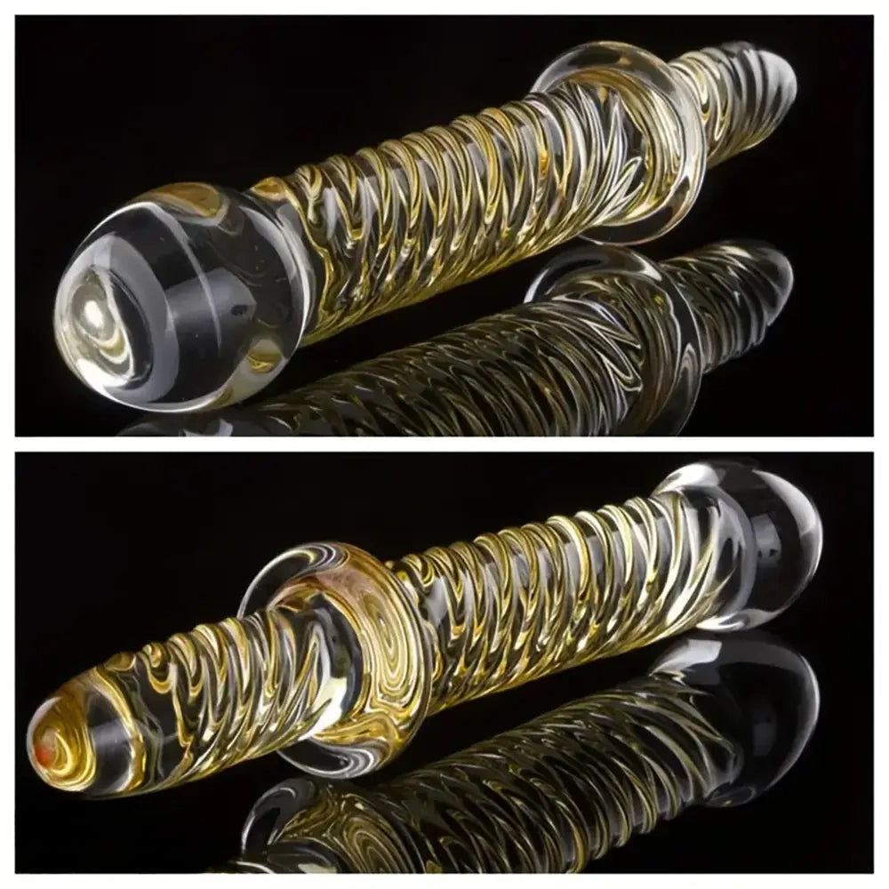 8.7in Golden Pattern Glass Dildo With Handle Sex Toy For Couples