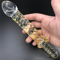 8.7in Golden Pattern Glass Dildo With Handle Sex Toy For Couples