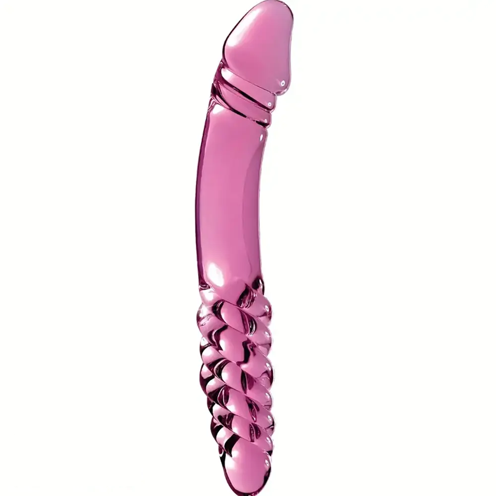 8.85in 9.05in Pink Glass Double Penetration Dildo With Textured Ridges