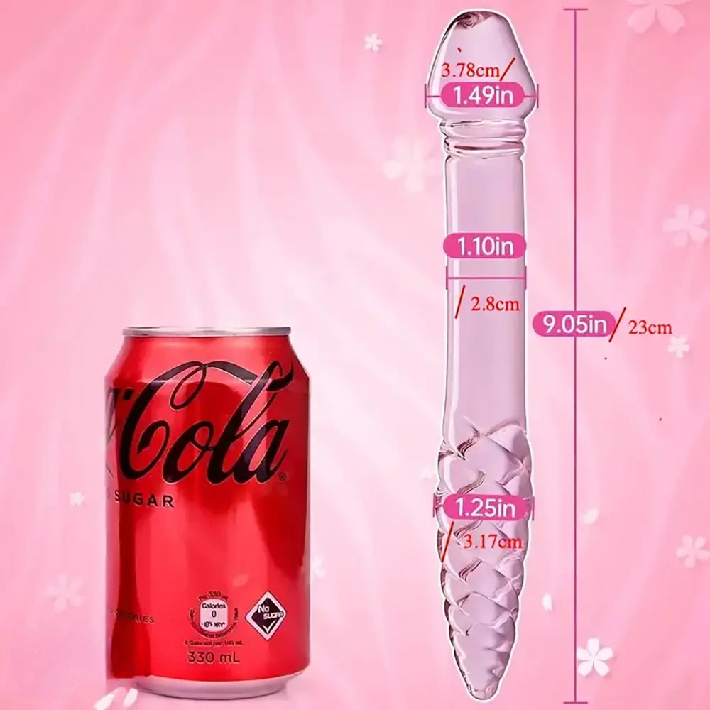 8.85in 9.05in Pink Glass Double Penetration Dildo With Textured Ridges