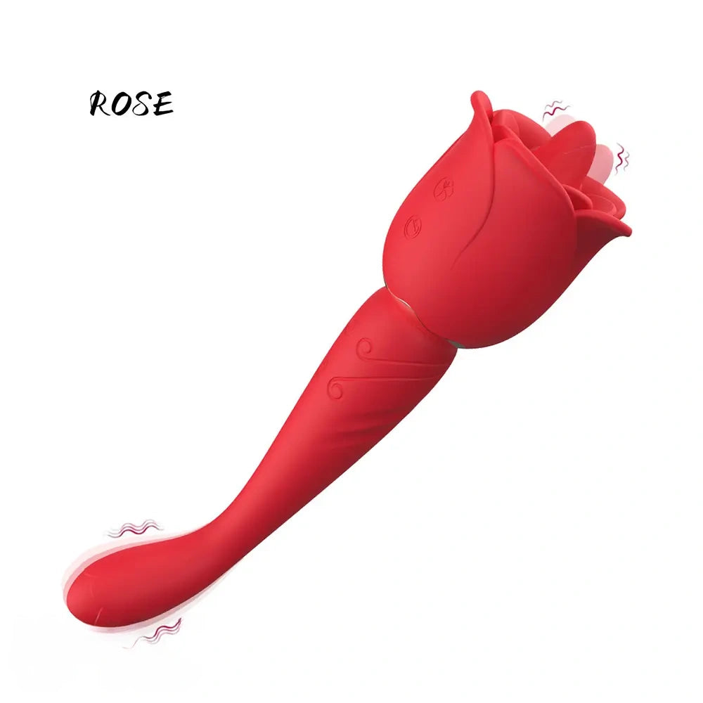 8.9in Licking Vibrating 2in1 Tongue Vibrating Dildo Rose Sex Toy
