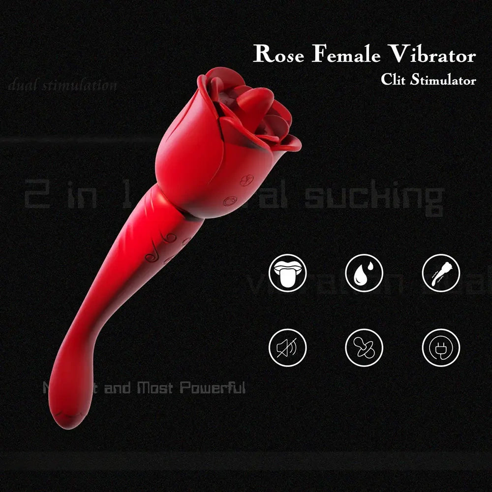 8.9in Licking Vibrating 2in1 Tongue Vibrating Dildo Rose Sex Toy