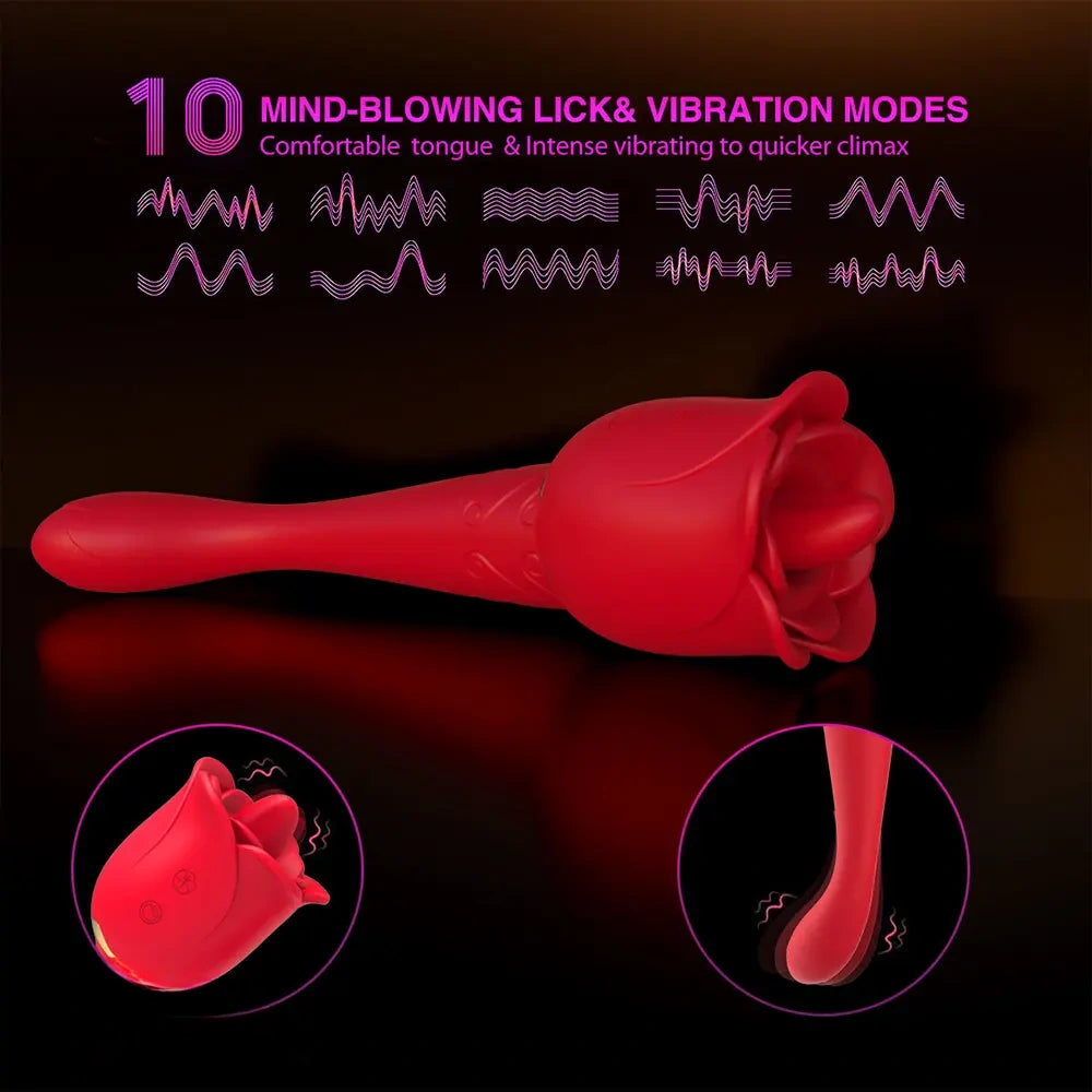 8.9in Licking Vibrating 2in1 Tongue Vibrating Dildo Rose Sex Toy
