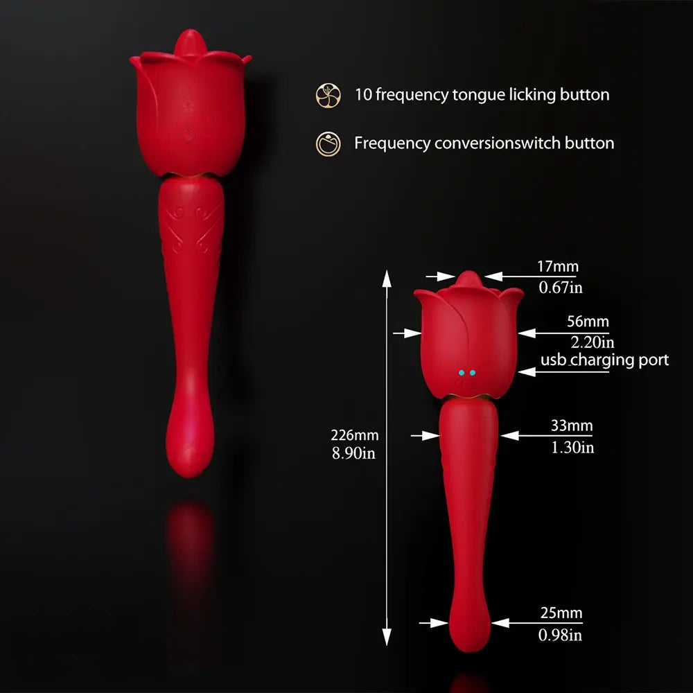 8.9in Licking Vibrating 2in1 Tongue Vibrating Dildo Rose Sex Toy