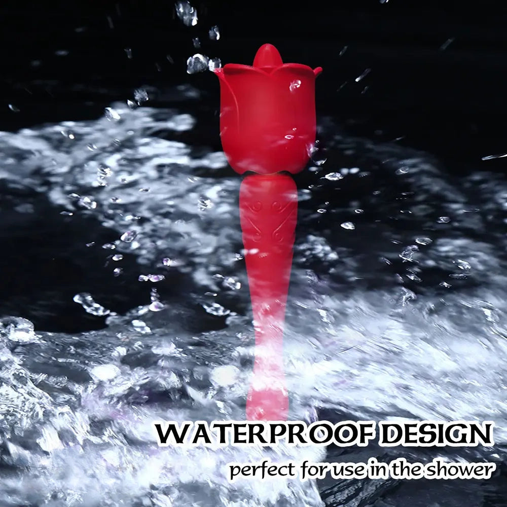 8.9in Licking Vibrating 2in1 Tongue Vibrating Dildo Rose Sex Toy