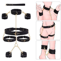 BDSM Kit PU Leather Handcuffs and Legcuffs Gold Chain Bondage DIY SM Sex Toys