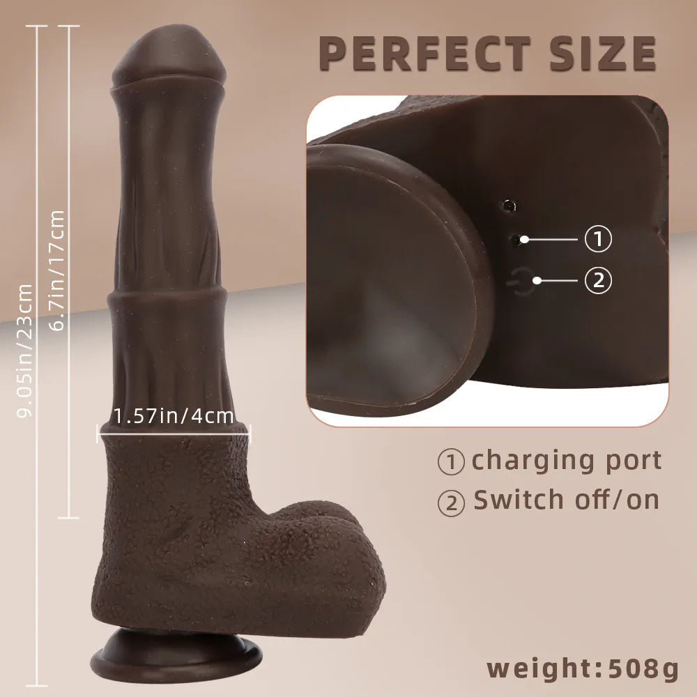 9.05in 4in1 Heating Thrusting Vibrating Rotation Remote Horse Ebony Dildo