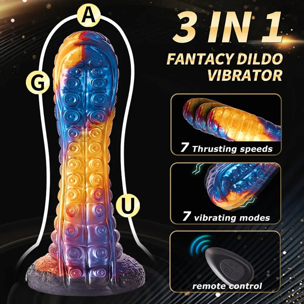 9.05in Monster Remote Control Vibrating Tentacle Thrusting Dildo