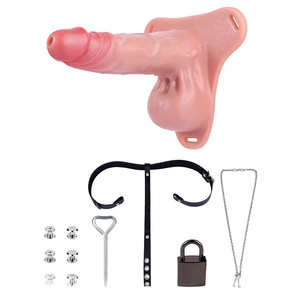 9.05in Strap on Large Hollow Silicone Cock Cage Dildo For Chastity Control
