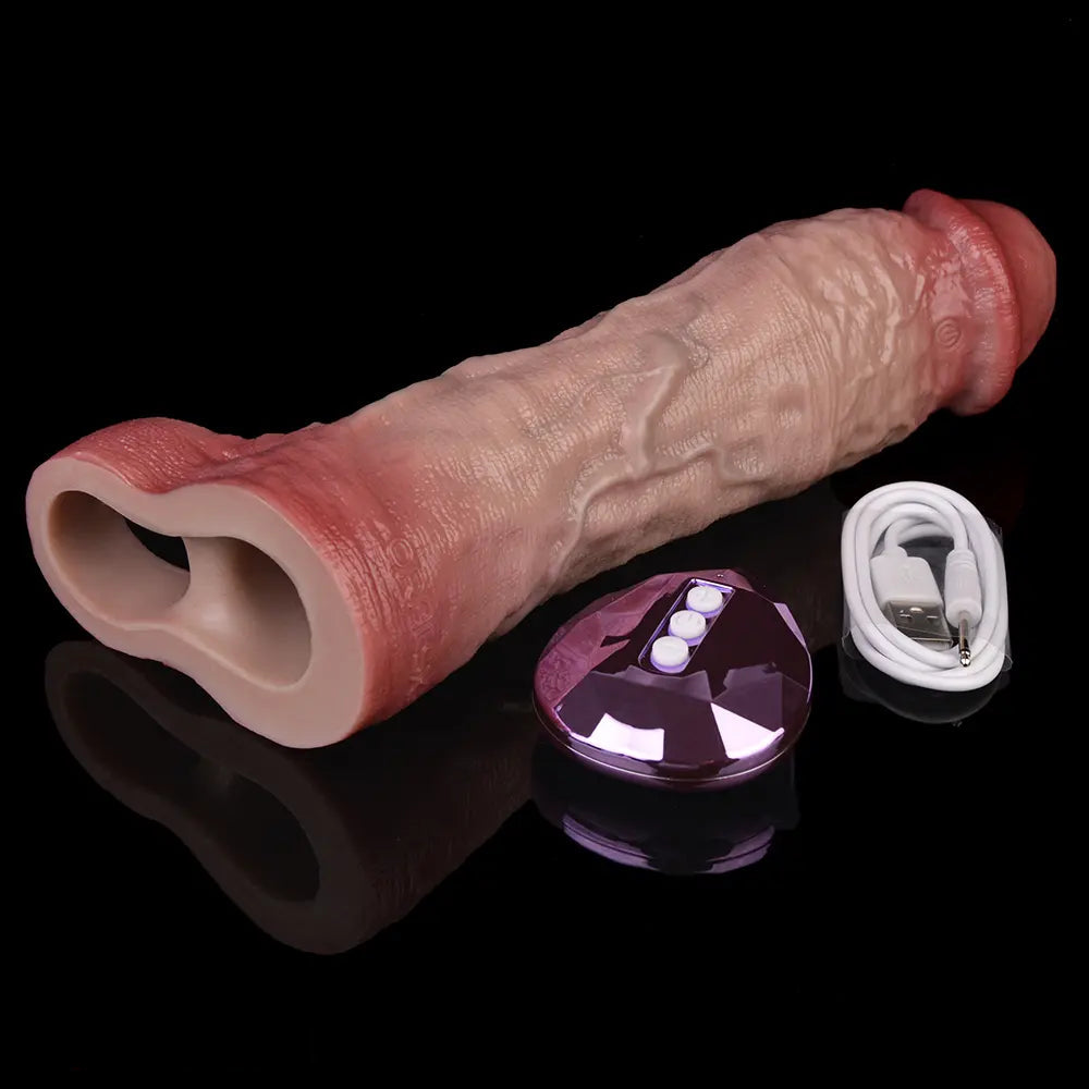 9.06in Vibrating Realistic Remote Silicone Hollow Dildo Sleeve Extender