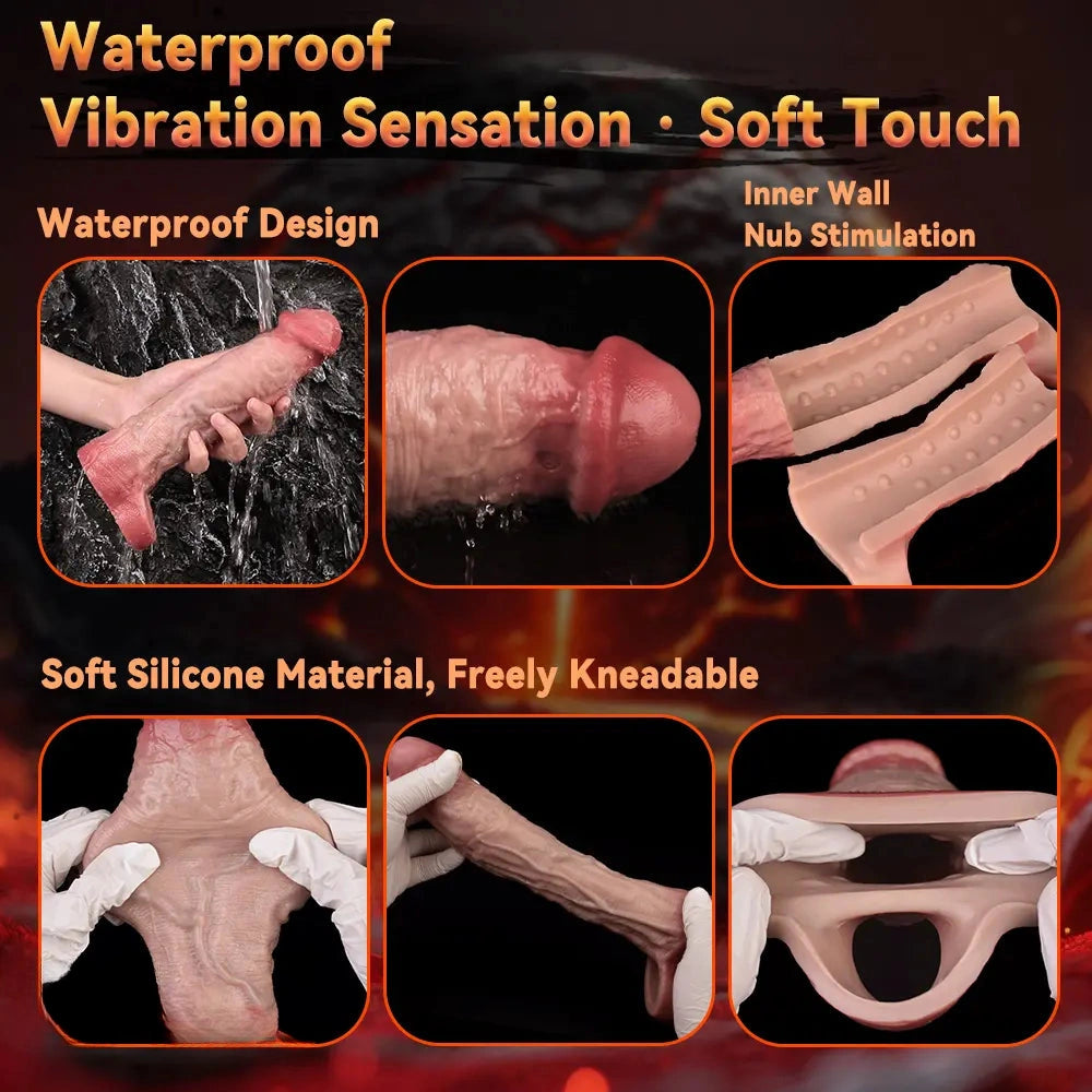 9.06in Vibrating Realistic Remote Silicone Hollow Dildo Sleeve Extender