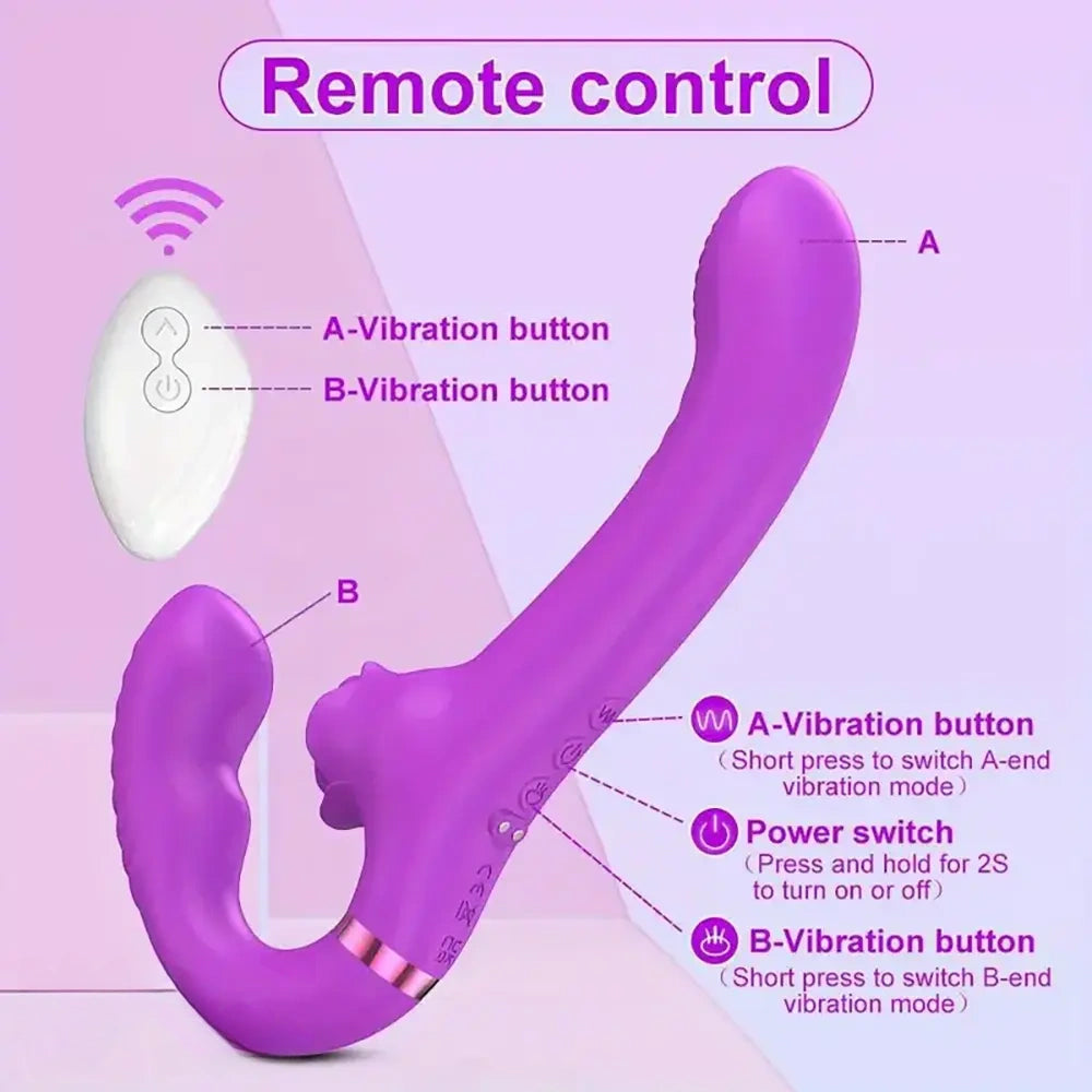 9.17in Dual-Head Vibrating Remote Dildo With Tongue Licking Slapping
